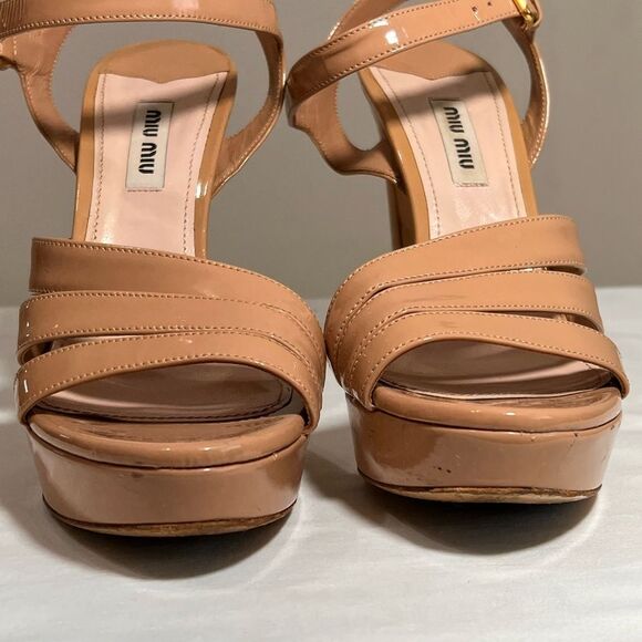 Miu Miu Vernice Block Heel Platform Sandals Size 37 1/2 Tan Nude - Picture 7 of 15